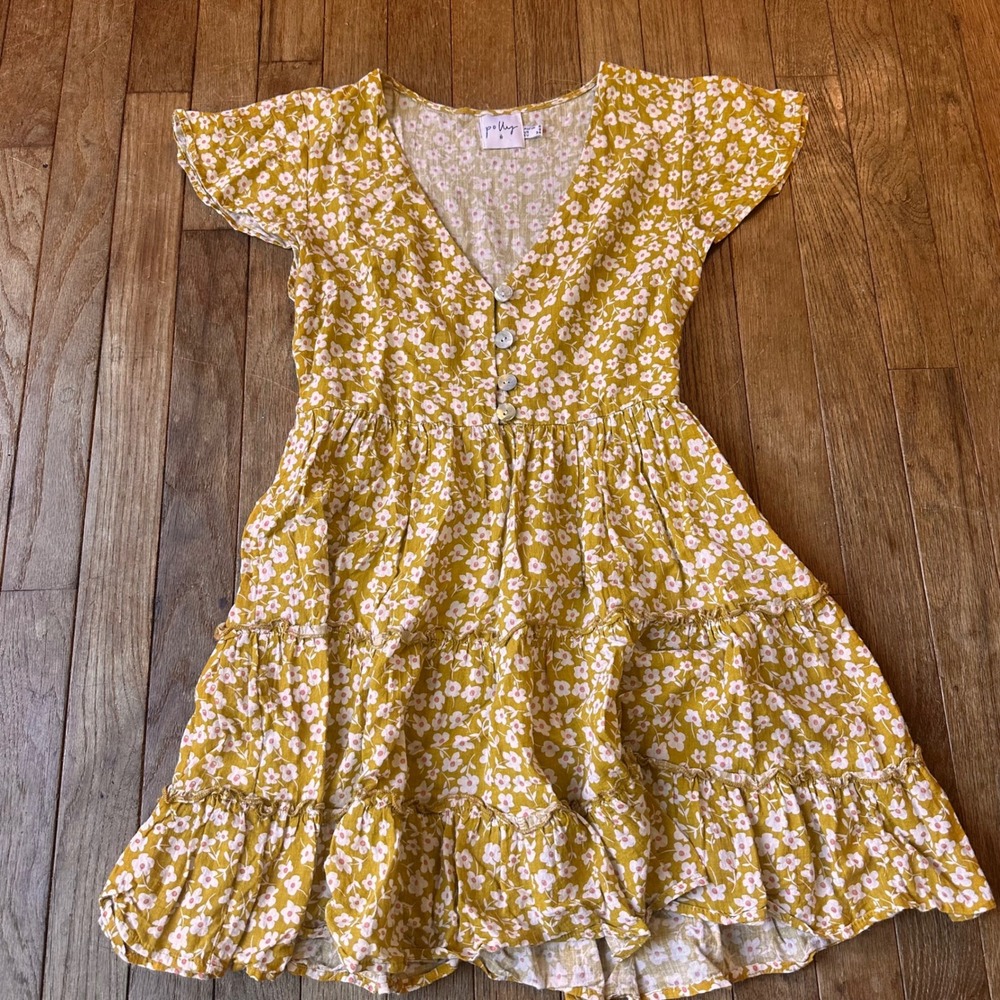 Polly Floral Mini Dress Womens 2‎ Tiered Ruffle Mustard Yellow Modern Summer